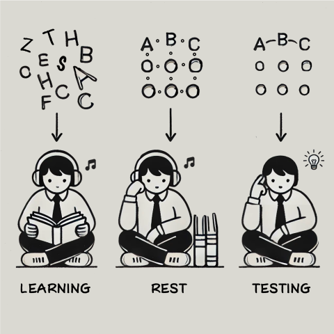 An image of a person in three states: learning, rest and testing, the figures in 'learning' and 'rest' have headphones on, playing sounds. There are jumbled letters above the head of the 'learning' person, who is reading. The rest person is not reading, and above them there are links forming between nodes, the top row of nodes shows A B C, but not yet with links formed between them. In the final panel, 'Testing', which also shows a light being on, there person has a linked network of nodes, ABC being linked