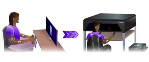 two diagrams showing a human subject in a force feedback test